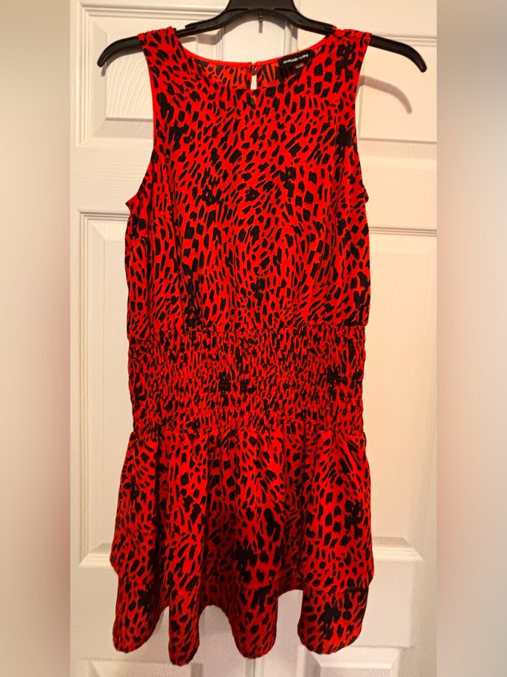 Sugarlips Red and Black Animal-Print Smocked Mini Dress